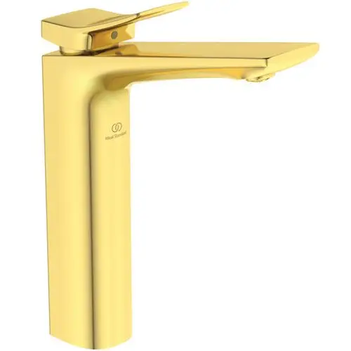 Ein goldfarbener Wasserhahn von Ideal Standard mit einem flachen Auslauf und einem Hebel zur Steuerung des Wasserflusses.